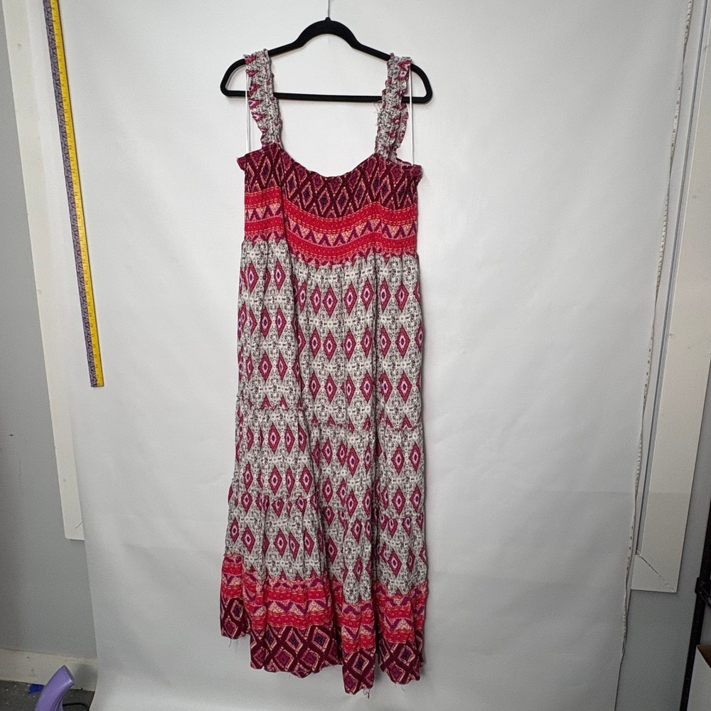 Davi & Dani Red Geometric Smocked Tiered Maxi Dress Boho Womens 2XL